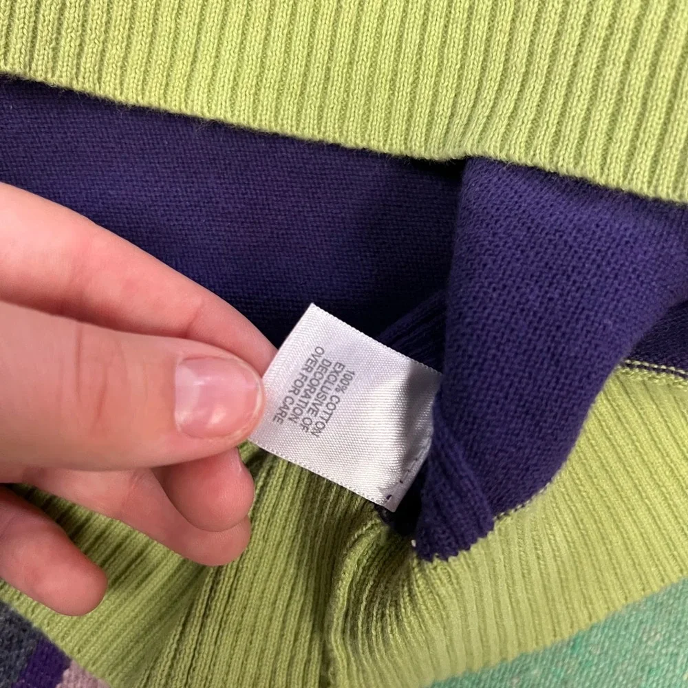 Le Tigre Quarter Zip Sweater Mens Large Green Purple Striped Cotton Pullover